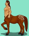  appaloosa arms band blue blue_background brown brown_fur centaur colored equine fur hair half-closed_eyes half_closed_eyes hooves horse human legs long_hair male mammal muscles nude pink_gecko_productions plain_background pointed_ears pointy_ears ponytail raised_leg rumore_saetil sheath signature skin solo spots standing tail taur 