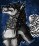  2010 abs beads black_hair blue_eyes bust canine chest_tuft colored ear_piercing ear_tufts earring hair hybrid kcravenyote looking_up male necklace piercing smile solo tribal wings wolf wolfieee 