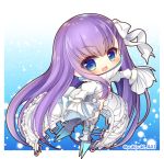  1girl :d bangs blue_eyes blush bow chibi commentary_request eyebrows_visible_through_hair fate/extra fate/extra_ccc fate_(series) hair_between_eyes hair_bow jacket juliet_sleeves long_hair long_sleeves looking_at_viewer meltlilith open_mouth puffy_sleeves purple_hair sleeves_past_fingers sleeves_past_wrists smile solo twitter_username very_long_hair white_bow white_jacket wide_sleeves yukiyuki_441 