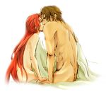  arm arms ass bare_back bed bed_sheet brown_hair couple eyes_closed fire_emblem fire_emblem:_akatsuki_no_megami fire_emblem:_souen_no_kiseki fire_emblem_path_of_radiance fire_emblem_radiant_dawn haar hand_holding jill jill_(fire_emblem) jill_fizzart kiss kissing long_hair love midriff nude red_eyes red_hair short_hair sitting under_covers very_long_hair wyvern_rider 