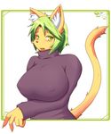  blsch blush border_art breasts cat clothed clothing feline female green_eyes green_hair hair huge_breasts japanese mammal plain_background saphir_tail shirt solo turtleneck unknown_artist white_background 