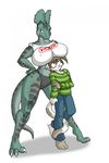  anthro big_breasts boob_hat breasts cat dilophosaurus dinosaur duo dylian feline female lordstevie male mammal nintendo piercing plain_background plesiosaur reptile scalie straight video_games white_background 