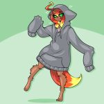  &lt;3 2019 :3 ahoge animal_humanoid anthro bottomless canid canine canis caradhina clothed clothing digital_media_(artwork) embers female fire fur hair hi_res hoodie humanoid limebreaker mammal simple_background smile solo standing 