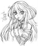  copyright_name creayus face finger_to_mouth gloves greyscale heart long_hair milla_maxwell monochrome scan sketch smile solo tales_of_(series) tales_of_xillia white_background 