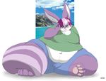  blush daphne fat female gillpanda green_clothing hybrid lagomorph mammal morbidly_obese overweight plain_background purple_body rabbit skunk solo thick_tail unknown_species white_background 