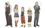  4boys alternate_costume androgynous annotated blonde_hair blue_hair braid casual closed_eyes contemporary crossdressing gesuidou_(hephaestus1214) green_eyes hokuto_no_ken lineup male_focus multiple_boys necktie otoko_no_ko red_hair rei_(hokuto_no_ken) scar school_uniform serafuku shin_(hokuto_no_ken) shuu_(hokuto_no_ken) souther yuda_(hokuto_no_ken) 