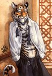  belt blotch bow_tie chest_tuft clothing feline fur leaning looking_at_viewer male mammal open_shirt pants seductive shirt smirk solo stripes tiger tuft whiskers 