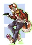 canine diaper fox green_eyes gun jacket kalida male paws smile solo tail weapon 