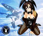  aircraft airplane animal_ears bow bowtie breasts bunny_ears bunny_girl bunnysuit cleavage f-4_phantom_ii fake_animal_ears fighter_jet fishnet_pantyhose fishnets high_heels hiyou_jun jacket jet large_breasts military military_vehicle navy pantyhose playboy shoes solo 