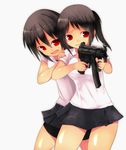  amano_shinobu amano_tsubaki bike_shorts black_hair commentary gun h&amp;k_mp5k heckler_&amp;_koch multiple_girls onibi_(foxhound4185) original ponytail red_eyes siblings simple_background sisters submachine_gun thighs weapon 