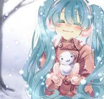  :3 blue_hair blush closed_eyes coat earmuffs hatsune_miku long_hair mittens smile snow snowman solo twintails vocaloid winter yuh 