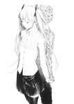  closed_eyes dress_shirt flower greyscale hatsune_miku kimi_no_taion_(vocaloid) long_hair long_sleeves monochrome personification pleated_skirt shirt skirt sousou_(sousouworks) thighhighs twintails vocaloid zettai_ryouiki 