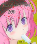  2011 blush demon_(artist) female food happy_new_year ice_cream icecream momo_velia_deviluke new_year pink_hair purple_eyes sexually_suggestive simple_background solo star to_love-ru toloveru 