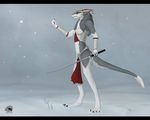  female natalie_de_corsair red_eyes sergal snow solo sword tail weapon 