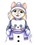  blonde_hair blue_eyes cute feline female front_view hair hat looking_at_viewer mammal michele_light mittens plain_background scarf smile snowman solo standing white_background 