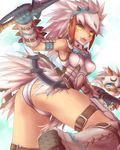  1girl ass barioth_(armor) commentary_request elbow_gloves felyne gloves grey_hair hairband highres horns long_hair looking_back monster_hunter_(character) monster_hunter_(series) open_mouth panties photoshop_(medium) sword tsukigami_chronica underwear weapon white_panties yellow_eyes 