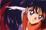  1girl bangs bishoujo_senshi_sailor_moon black_hair choker earrings eye_contact female gem gloves hino_rei jewelry long_hair looking_at_viewer magical_girl official_art purple_eyes red_background sailor_mars school_uniform serafuku smile solo star super_sailor_mars tamegai_katsumi tiara tsurime white_gloves 