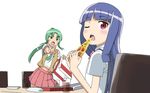  bad_id bad_pixiv_id blue_hair chair derivative_work eating food furude_rika glass green_eyes green_hair highres higurashi_no_naku_koro_ni holding_pizza long_hair looking_back multiple_girls one_eye_closed open_mouth ore_no_imouto_ga_konna_ni_kawaii_wake_ga_nai parody pizza pointing ponytail sitting slice_of_pizza sonozaki_mion standing sun_hatchet table wallpaper 