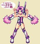  2011 bad_id bad_pixiv_id boots breasts bunny_pose cleavage hetano_yoko_sukii long_hair lowres medium_breasts new_year original pink_eyes pink_hair pixel_art robot_ears solo thigh_boots thighhighs twintails very_long_hair 