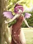  animal_ears bad_id bad_pixiv_id china_dress chinese_clothes day dress earrings hat highres hips jewelry mochi.f mystia_lorelei open_mouth outdoors pink_hair purple_eyes short_hair side_slit solo thighs touhou wings 