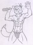  &dagger; armpit_hair armpits beverage bottle bulge canine cross dog drunk ear_piercing earring feline husky male mammal monochrome muscles necklace nestolious piercing pubes pubic_tuft solo tail thong 