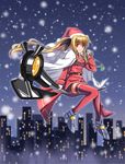  absurdres bardiche blonde_hair christmas fate_testarossa hair_ribbon hat highres long_hair lyrical_nanoha mahou_shoujo_lyrical_nanoha_strikers red_eyes ribbon santa_costume santa_hat solo thighhighs twintails yuki_shizuku 