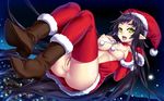  anus ass bad_id bad_pixiv_id black_hair boots censored christmas christmas_elf elbow_gloves elf fingerless_gloves fujimon gloves green_eyes hat long_hair night original pointless_censoring pointy_ears pussy red_gloves santa_costume santa_hat sky solo thighhighs very_long_hair 