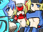  ^_^ blonde_hair blue_eyes blue_hair breasts cleavage closed_eyes cosmic_break crimrose large_breasts lazflamme lily_rain lowres mecha_musume medium_breasts multiple_girls mutsuki_(suzumayu) open_mouth revealing_clothes sideboob underboob 