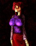  avian big_breasts breasts clothing dressed female red_eyes red_hair solo staring tight_clothing toriningen unknown_artist yume_nikki 