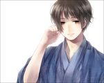  arm_up axis_powers_hetalia blush border brown_hair fingernails hand_on_own_face japan_(hetalia) japanese_clothes kimono light_smile male_focus simple_background smile solo white_background yellow_eyes yousan 