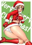  ass bang-you blush boots breasts brown_eyes brown_hair bursting_breasts christmas covering covering_breasts crop_top cropped_jacket gloves hat kashiwagi_azusa kizuato kneepits large_breasts looking_back panties popped_button red_gloves santa_costume shiny shiny_skin short_hair skirt solo underwear white_panties 