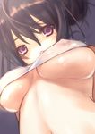  breasts brown_hair double_bun from_below large_breasts lips looking_at_viewer looking_down midriff nana_mikoto original purple_eyes see-through solo underboob 