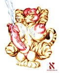  alefwdog balls breasts claws crouching cum cumshot eyes_closed feline glans hair herm huge_breasts hyper hyper_balls hyper_penis intersex muscles nipples nude orgasm penis pink_hair short_hair short_pink_hair solo stripes tail tiger white_bckground 