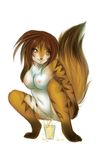  big_breasts blush breasts brown_eyes brown_hair chest_tuft female fluffy glass hair huge_tail long_brown_hair long_hair navel nipples peeing pomander pussy solo stripes tail urine watersports 