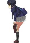  bag black_hair brown_eyes k-on! long_hair looking_back nakano_azusa putting_on_shoes school_uniform solo touboku twintails 