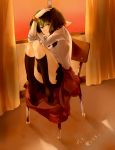  1girl bow chair crying crying_with_eyes_open dorsiflexion eyelashes green_hair hand_on_own_head highres knees_up looking_at_viewer macross macross_frontier no_shoes pleated_skirt ranka_lee red_eyes school_uniform scrunchie short_hair sitting skirt socks solo tears tenni_noboru thighs wrist_scrunchie 