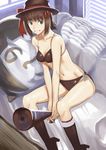  amami_haruka bikini boots brown_hair cane couch foreshortening green_eyes grin hair_ribbon hat idolmaster idolmaster_(classic) inu_(aerodog) lingerie nonowa ribbon short_hair side-tie_bikini sitting smile solo swimsuit underwear 