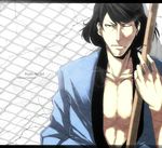  bad_id bad_pixiv_id banned_artist black_eyes black_hair ink ishikawa_goemon_xiii japanese_clothes katana kimono letterboxed lupin_iii male_focus open_clothes open_kimono s_tanly solo sword upper_body weapon 
