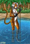  breasts feline female fishing gloves green_eyes hair hunter lake looking_at_viewer nipples nude outside palcomix polearm ponytail solo spear tiger tribal water white_hair 