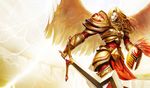  angel armor artist_request blonde_hair helmet kayle league_of_legends long_hair official_art solo sword tabard weapon wings 