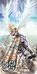  angel angel_wings bad_id bad_pixiv_id bird blonde_hair blue_eyes flying gatling_gun gloves gun halo highres kibanda_gohan long_hair looking_up moon open_mouth original solo weapon wings 