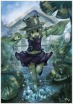  bad_id bad_pixiv_id blonde_hair blue_eyes eyes frog hat moriya_suwako navel rain running short_hair solo splashing thighhighs touhou water white_legwear yinzhai 