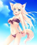  animal_ears arms_behind_back bad_id bad_pixiv_id bandeau bikini blonde_hair blue_eyes breasts fox_ears fox_tail front-tie_top highres kazakura large_breasts long_hair looking_at_viewer navel open_mouth original side-tie_bikini solo swimsuit tail underboob 