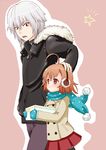  1girl accelerator ahoge brown_eyes brown_hair coat earmuffs fur_collar gift hand_in_pocket hand_on_another's_head holding holding_gift jacket last_order mittens pantyhose petting red_eyes scarf shiono_amami short_hair skirt to_aru_majutsu_no_index white_hair 