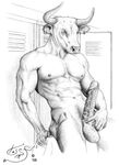  balls black_and_white bovine bull ear_piercing earring erection josef_jones locker_room male monochrome nude penis piercing sheath solo 
