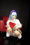  asian blue_hair blue_panties chair cosplay demon_girl kurono_kurumu kuruno_kurumu kuruno_kurumu_(cosplay) panties photo real rosario+vampire school_uniform shoes skirt skirt_lift snow_flakes succubus sucubus thighs underwear white_legwear 