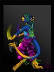  banrai banrai(character) blue dancing dark dragon glow glowing glowstick green_hair hindpaw rave raving scalie uv yellow 