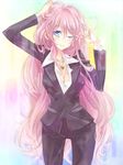  alternate_costume bad_id bad_pixiv_id blue_eyes blush breasts business_suit cleavage formal jewelry large_breasts long_hair megurine_luka mikipa necklace one_eye_closed pant_suit pink_hair solo suit unbuttoned very_long_hair vocaloid wet wet_clothes 