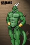  anthro biceps bulge claws clothed clothing drake_(species) green green_body green_dragon horn lizard looking_at_viewer male muscles nipples pecs pose scalie skimpy solo speedo swimsuit wookiee wookiee_(artist) wristband yellow_eyes 