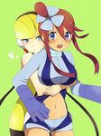  bad_id bad_pixiv_id blonde_hair blue_eyes breasts fuuro_(pokemon) gloves gym_leader hair_ornament highres hug kamitsure_(pokemon) large_breasts midriff multiple_girls navel pantyhose pokemon pokemon_(game) pokemon_bw red_hair yuu_(lyric) 